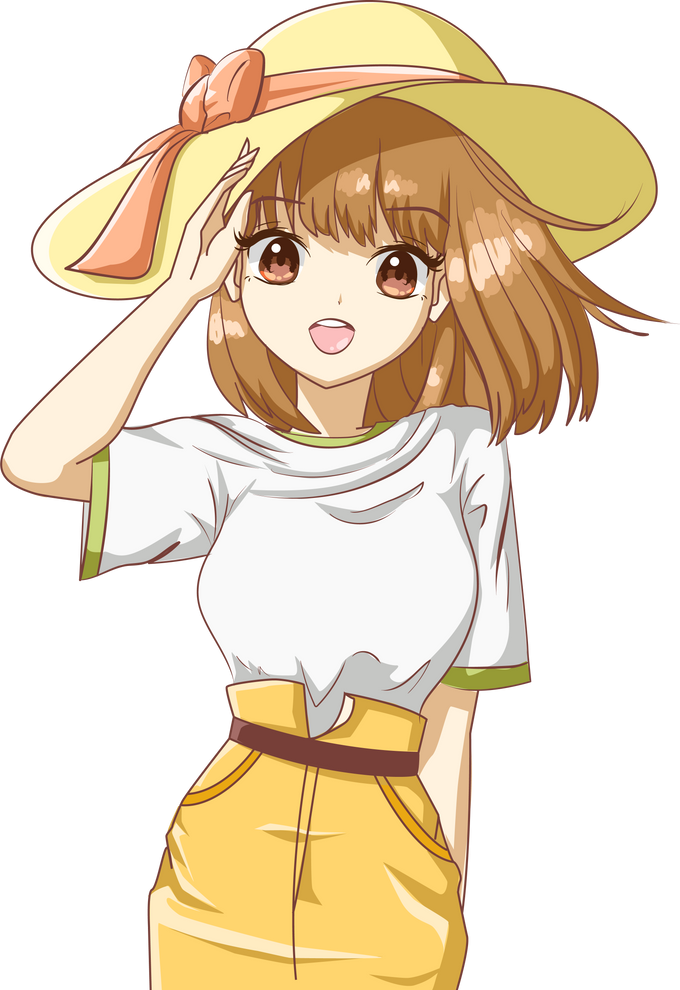 Beautiful anime girl brown hair with yellow hat cartoon